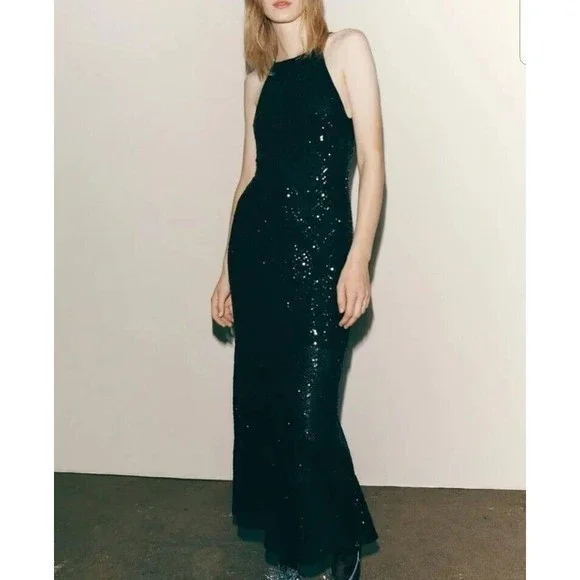 Zara | Dresses | Nwt Zara Black Sequin Gown Long Maxi Dress Stretch Halter  Back Tie Straps Sz S | Poshmark